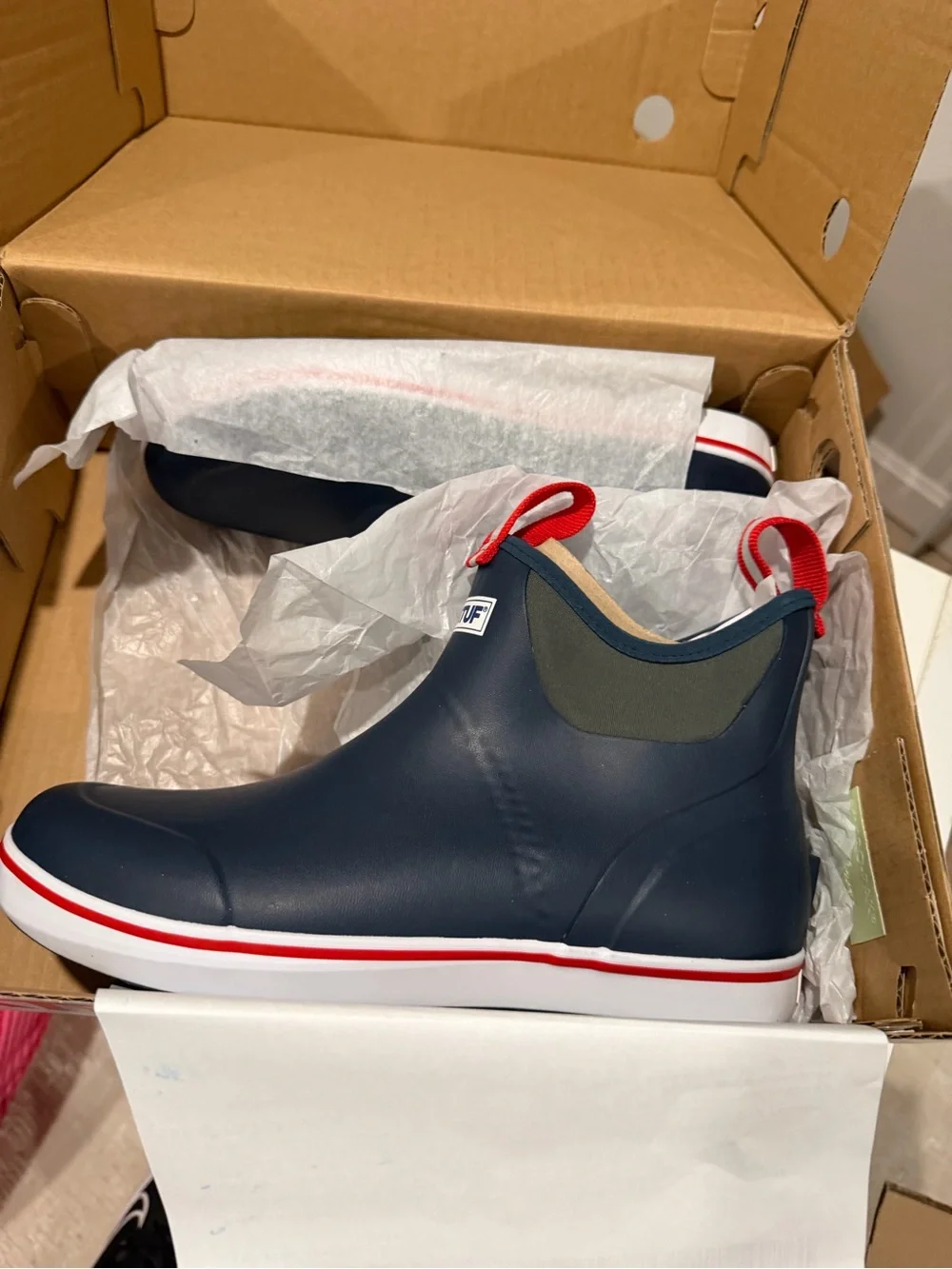 XTRATUF Navy Ankle Rain Boots with Red Pull Tabs